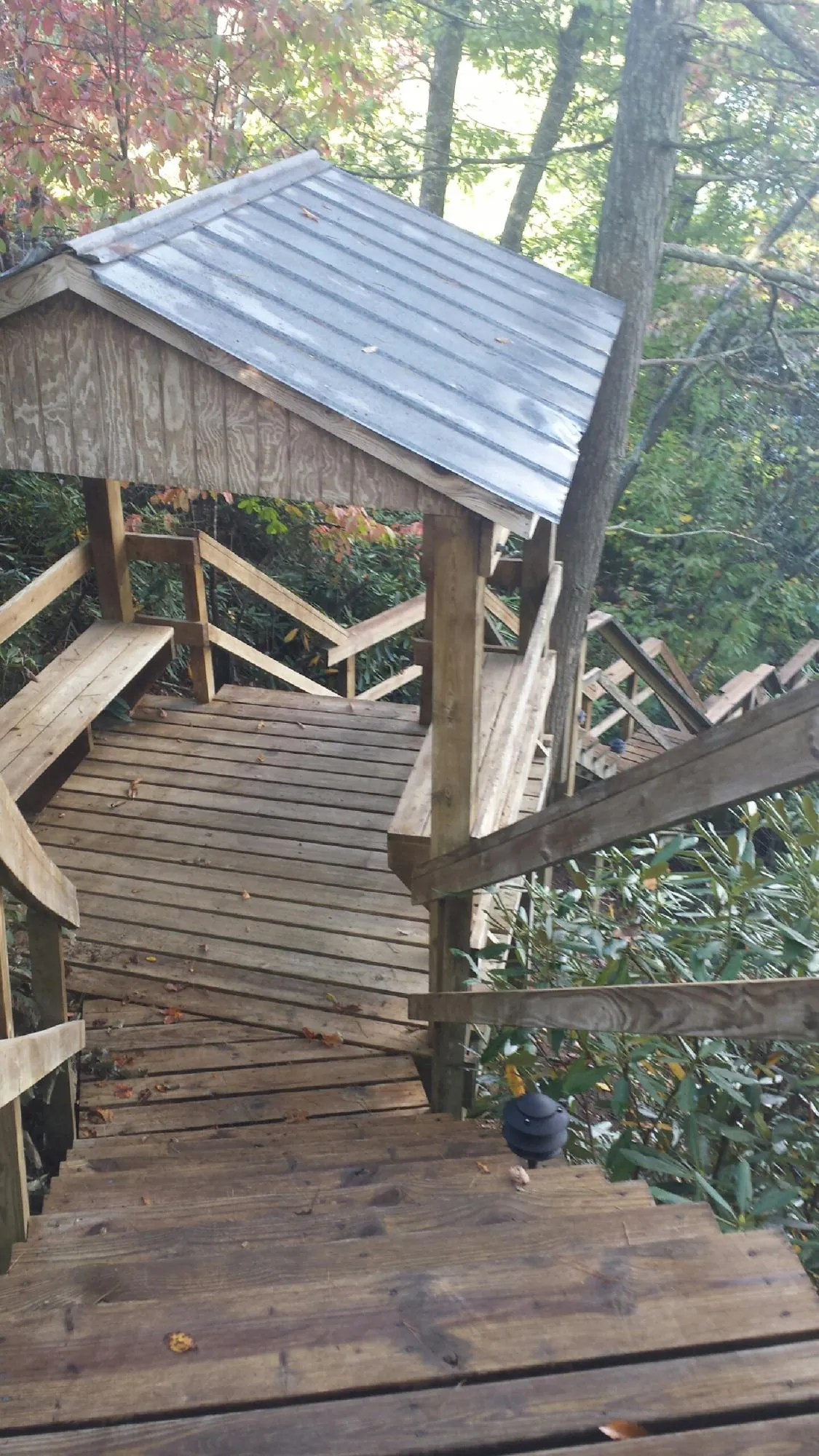 Metal roofed shelter over wooden steps on a wooded walkway — Skylight Repair & Installation work by our crew in Jackson Springs